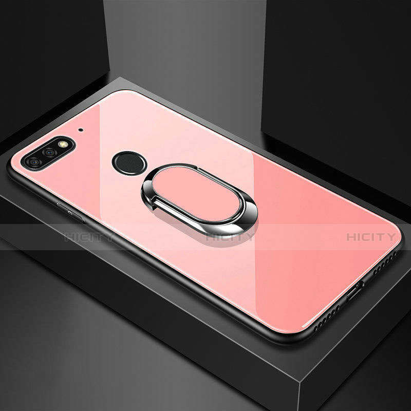 Coque Rebord Contour Silicone et Vitre Miroir Housse Etui avec Support Bague Anneau Magnetique pour Huawei Y6 (2018) Or Rose Plus