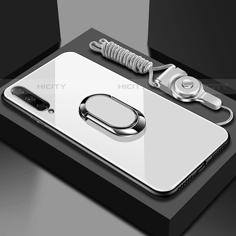 Coque Rebord Contour Silicone et Vitre Miroir Housse Etui avec Support Bague Anneau Magnetique pour Huawei Y9s Blanc Plus