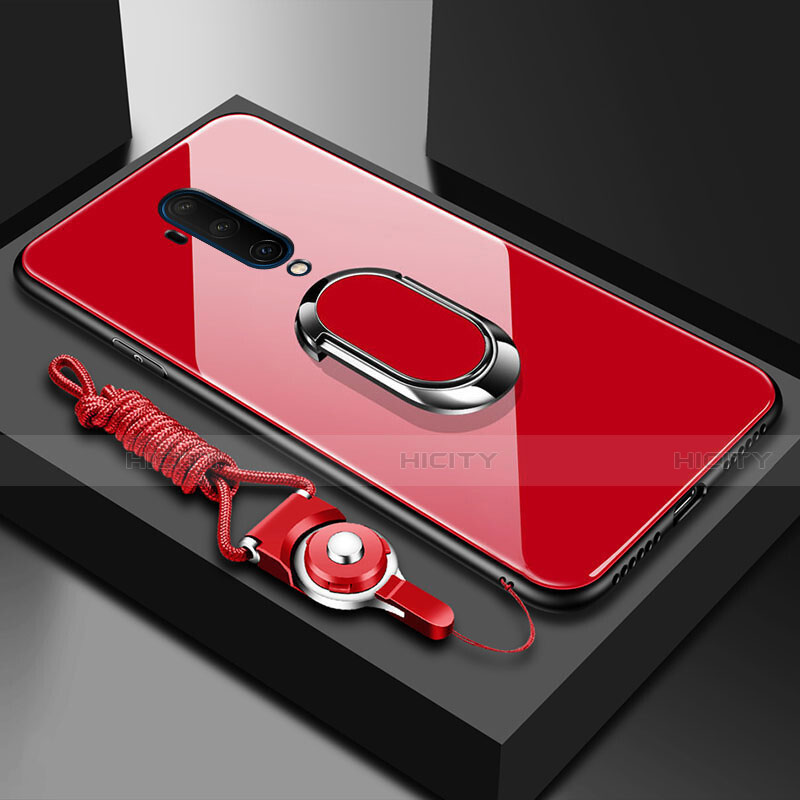 Coque Rebord Contour Silicone et Vitre Miroir Housse Etui avec Support Bague Anneau Magnetique pour OnePlus 7T Pro 5G Rouge Plus