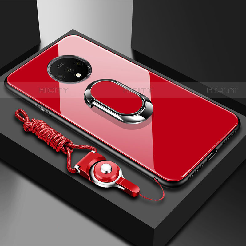 Coque Rebord Contour Silicone et Vitre Miroir Housse Etui avec Support Bague Anneau Magnetique pour OnePlus 7T Rouge Plus