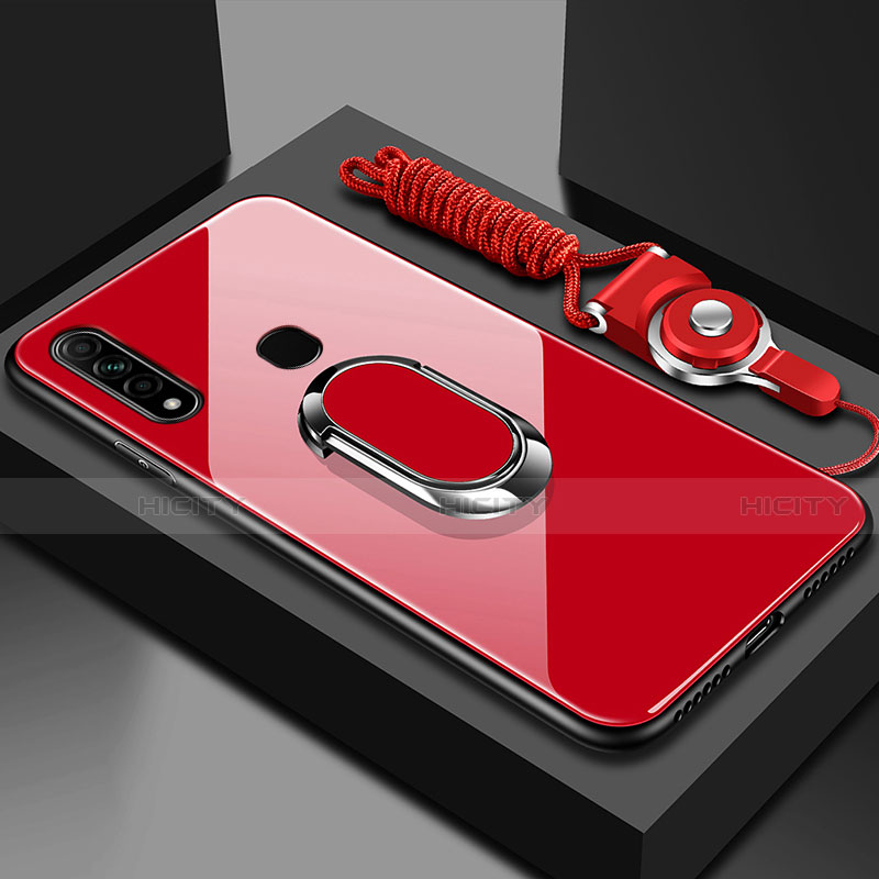 Coque Rebord Contour Silicone et Vitre Miroir Housse Etui avec Support Bague Anneau Magnetique pour Oppo A31 Rouge Plus