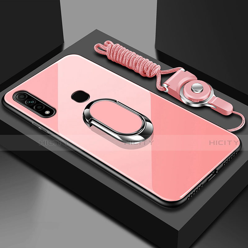 Coque Rebord Contour Silicone et Vitre Miroir Housse Etui avec Support Bague Anneau Magnetique pour Oppo A8 Rose Plus