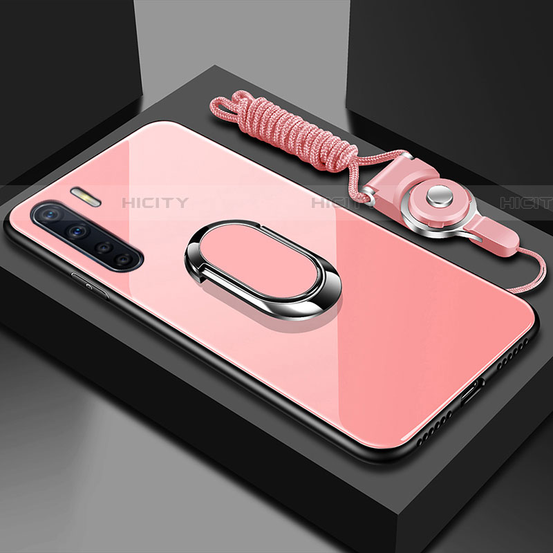 Coque Rebord Contour Silicone et Vitre Miroir Housse Etui avec Support Bague Anneau Magnetique pour Oppo A91 Rose Plus