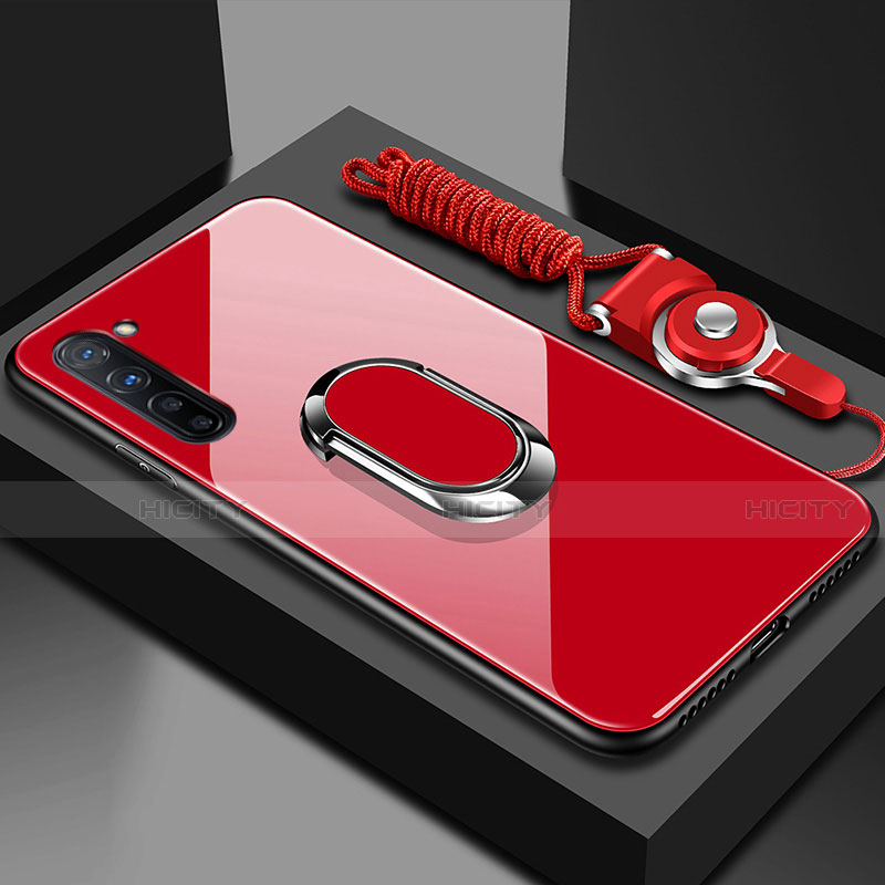 Coque Rebord Contour Silicone et Vitre Miroir Housse Etui avec Support Bague Anneau Magnetique pour Oppo F15 Rouge Plus