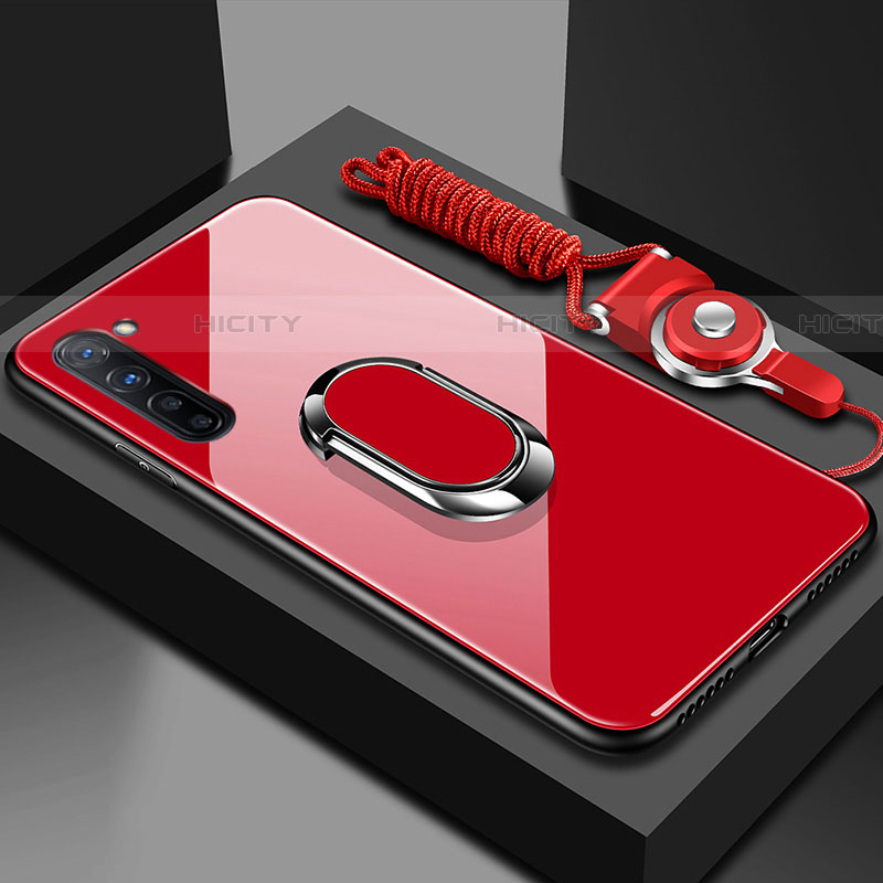 Coque Rebord Contour Silicone et Vitre Miroir Housse Etui avec Support Bague Anneau Magnetique pour Oppo Reno3 Rouge Plus