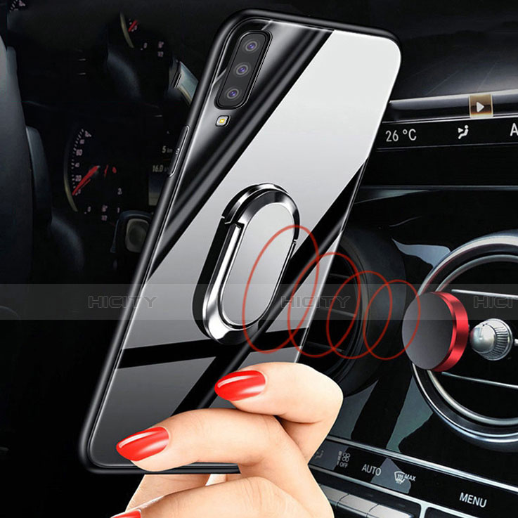 Coque Rebord Contour Silicone et Vitre Miroir Housse Etui avec Support Bague Anneau Magnetique pour Samsung Galaxy A70 Plus