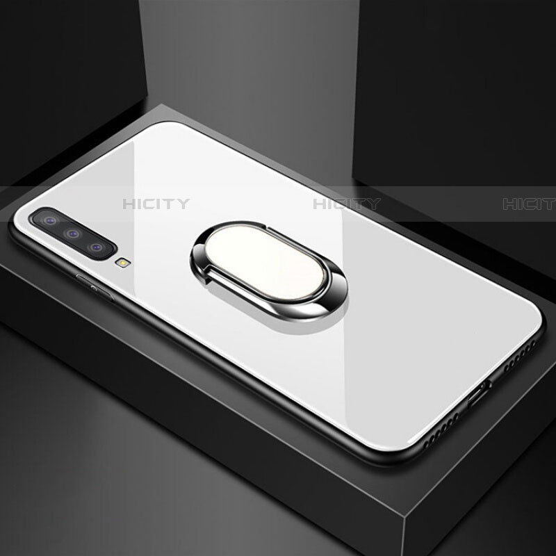 Coque Rebord Contour Silicone et Vitre Miroir Housse Etui avec Support Bague Anneau Magnetique pour Samsung Galaxy A70S Blanc Plus