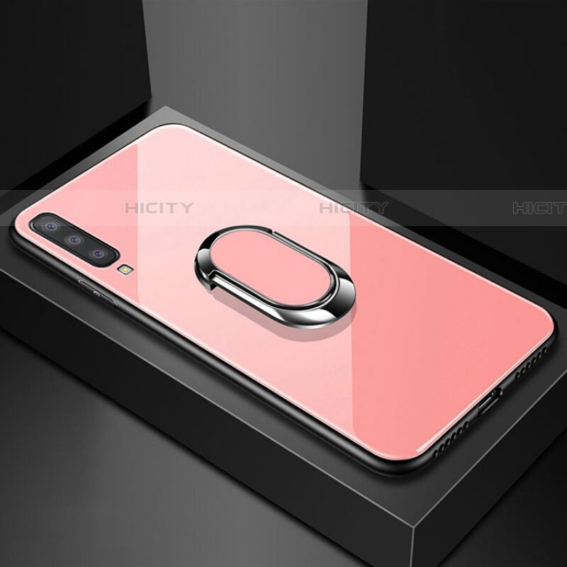 Coque Rebord Contour Silicone et Vitre Miroir Housse Etui avec Support Bague Anneau Magnetique pour Samsung Galaxy A70S Or Rose Plus