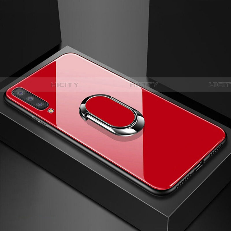 Coque Rebord Contour Silicone et Vitre Miroir Housse Etui avec Support Bague Anneau Magnetique pour Samsung Galaxy A90 5G Rouge Plus