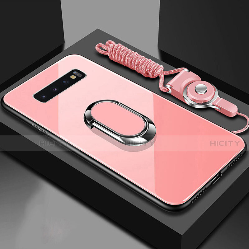 Coque Rebord Contour Silicone et Vitre Miroir Housse Etui avec Support Bague Anneau Magnetique pour Samsung Galaxy S10 5G Or Rose Plus