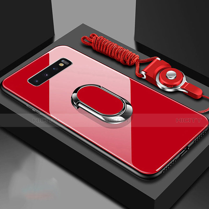 Coque Rebord Contour Silicone et Vitre Miroir Housse Etui avec Support Bague Anneau Magnetique pour Samsung Galaxy S10 5G Rouge Plus