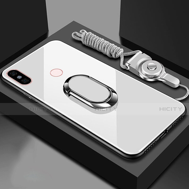 Coque Rebord Contour Silicone et Vitre Miroir Housse Etui avec Support Bague Anneau Magnetique pour Xiaomi Mi 6X Blanc Plus