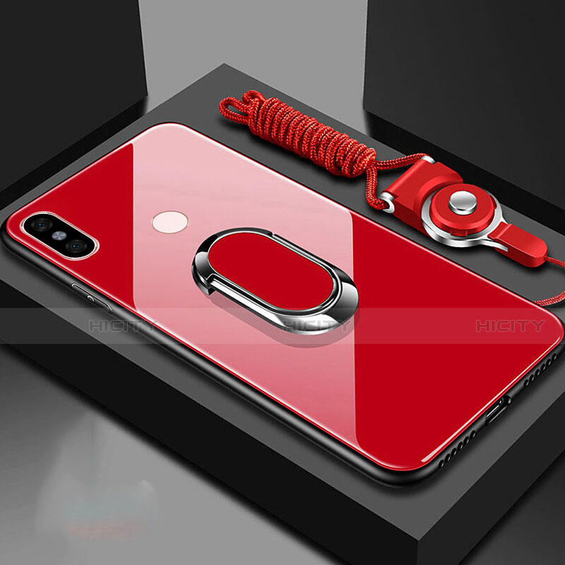 Coque Rebord Contour Silicone et Vitre Miroir Housse Etui avec Support Bague Anneau Magnetique pour Xiaomi Mi 6X Rouge Plus