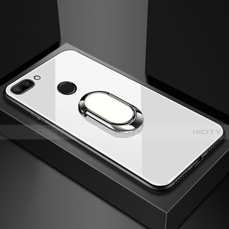 Coque Rebord Contour Silicone et Vitre Miroir Housse Etui avec Support Bague Anneau Magnetique pour Xiaomi Mi 8 Lite Blanc Plus