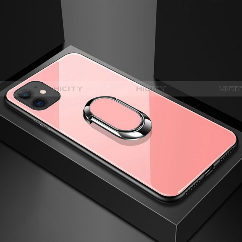 Coque Rebord Contour Silicone et Vitre Miroir Housse Etui avec Support Bague Anneau Magnetique T01 pour Apple iPhone 11 Rose Plus