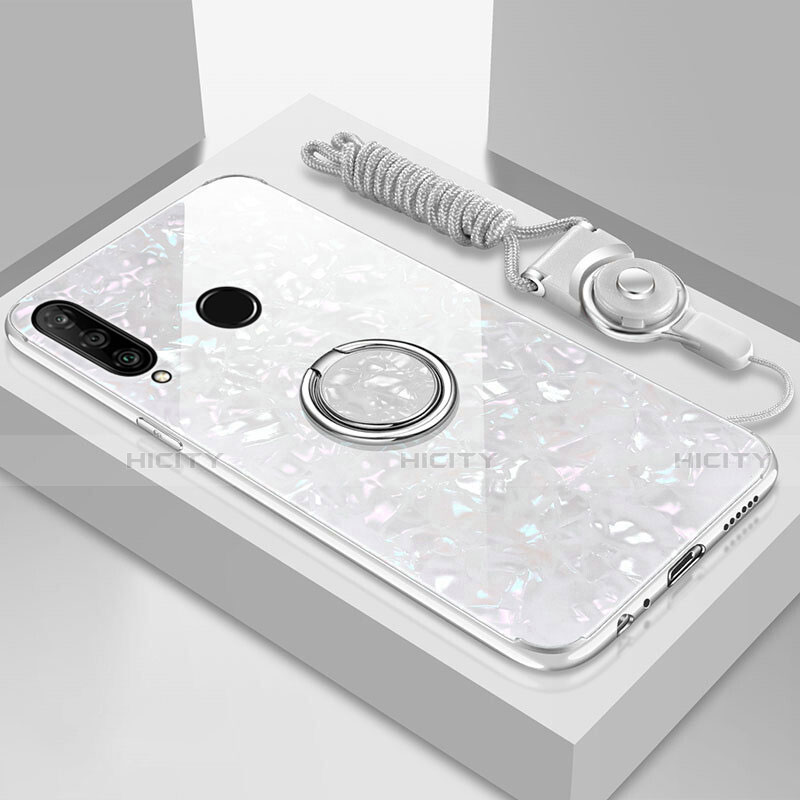 Coque Rebord Contour Silicone et Vitre Miroir Housse Etui avec Support Bague Anneau Magnetique T01 pour Huawei P30 Lite XL Blanc Plus