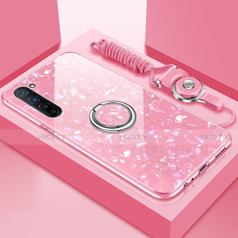 Coque Rebord Contour Silicone et Vitre Miroir Housse Etui avec Support Bague Anneau Magnetique T01 pour Oppo A91 Rose Plus