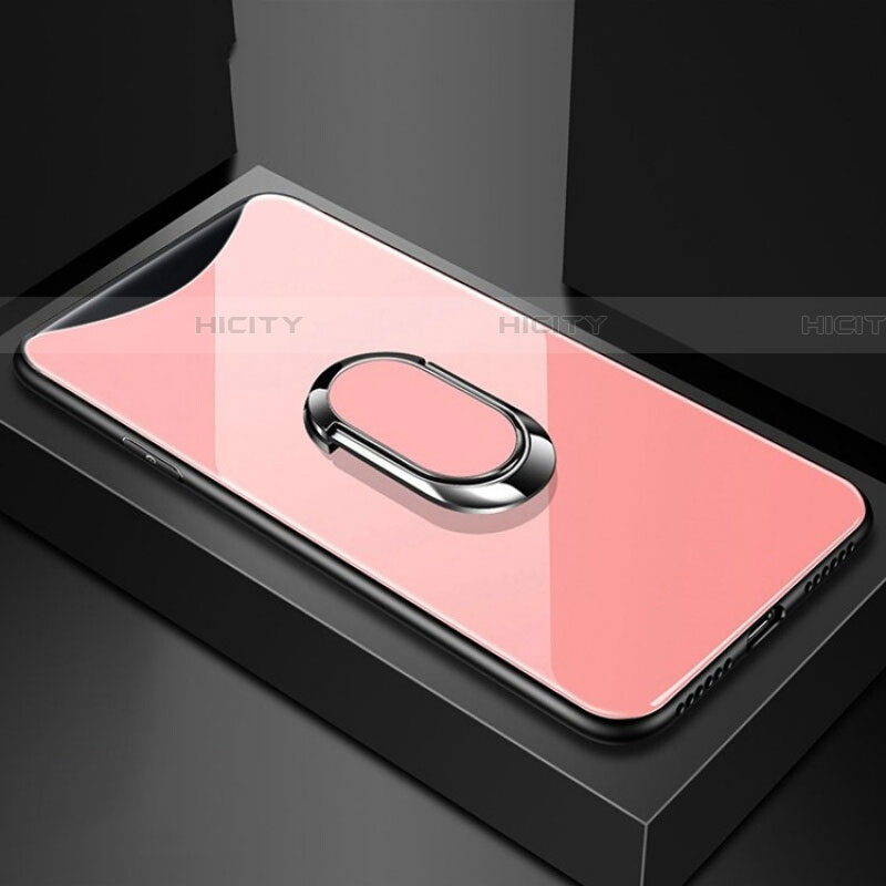 Coque Rebord Contour Silicone et Vitre Miroir Housse Etui avec Support Bague Anneau Magnetique T01 pour Oppo Find X Rose Plus