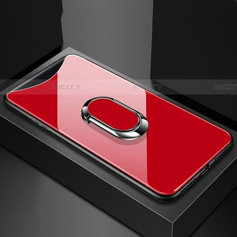 Coque Rebord Contour Silicone et Vitre Miroir Housse Etui avec Support Bague Anneau Magnetique T01 pour Oppo Find X Rouge Plus