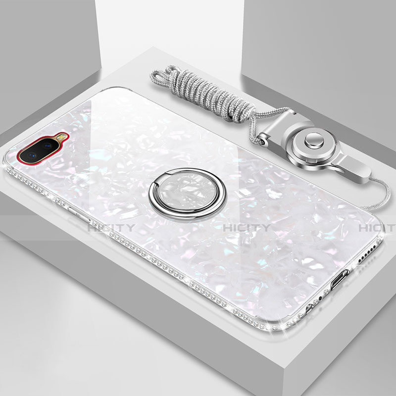 Coque Rebord Contour Silicone et Vitre Miroir Housse Etui avec Support Bague Anneau Magnetique T01 pour Oppo K1 Blanc Plus