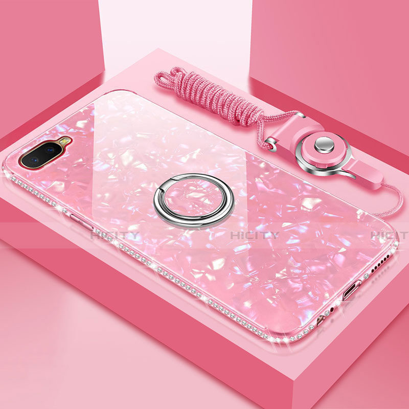 Coque Rebord Contour Silicone et Vitre Miroir Housse Etui avec Support Bague Anneau Magnetique T01 pour Oppo K1 Rose Plus