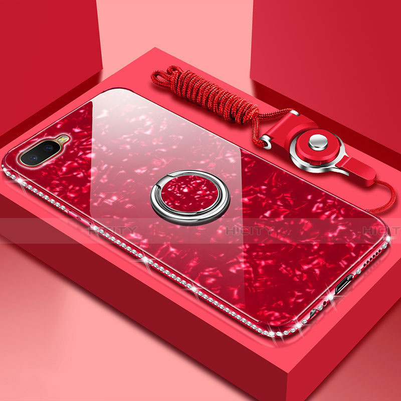 Coque Rebord Contour Silicone et Vitre Miroir Housse Etui avec Support Bague Anneau Magnetique T01 pour Oppo R15X Rouge Plus