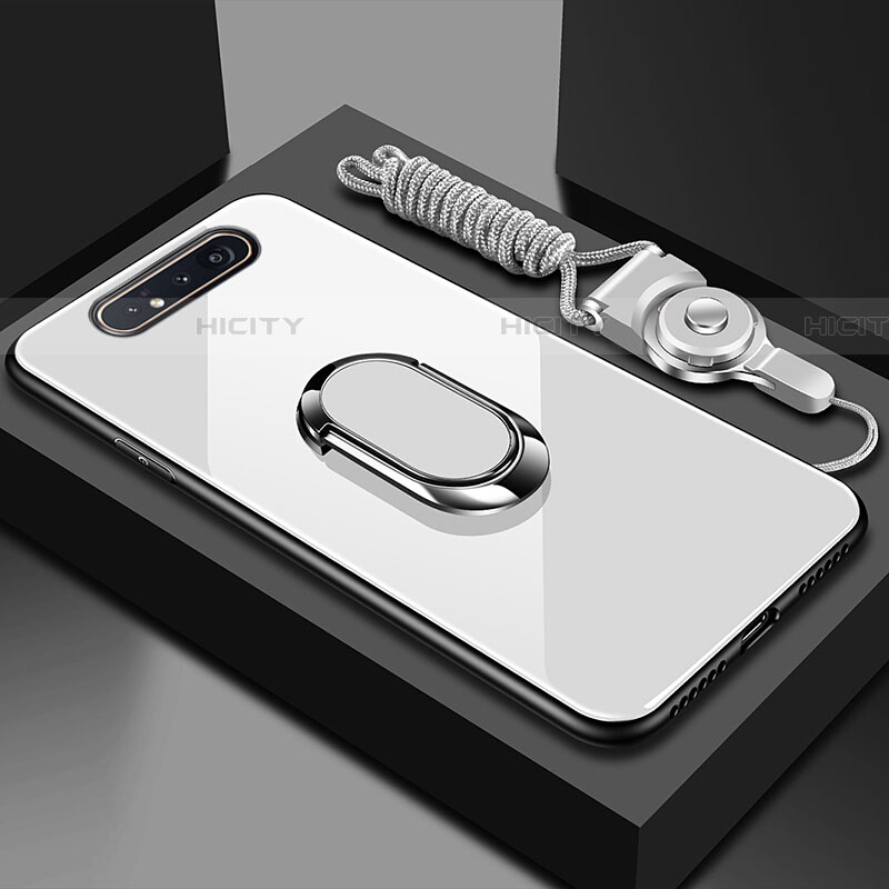 Coque Rebord Contour Silicone et Vitre Miroir Housse Etui avec Support Bague Anneau Magnetique T01 pour Samsung Galaxy A90 4G Blanc Plus