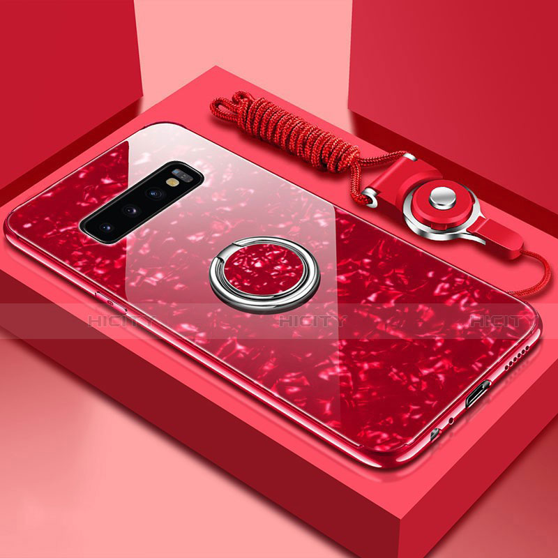 Coque Rebord Contour Silicone et Vitre Miroir Housse Etui avec Support Bague Anneau Magnetique T01 pour Samsung Galaxy S10 5G Rouge Plus