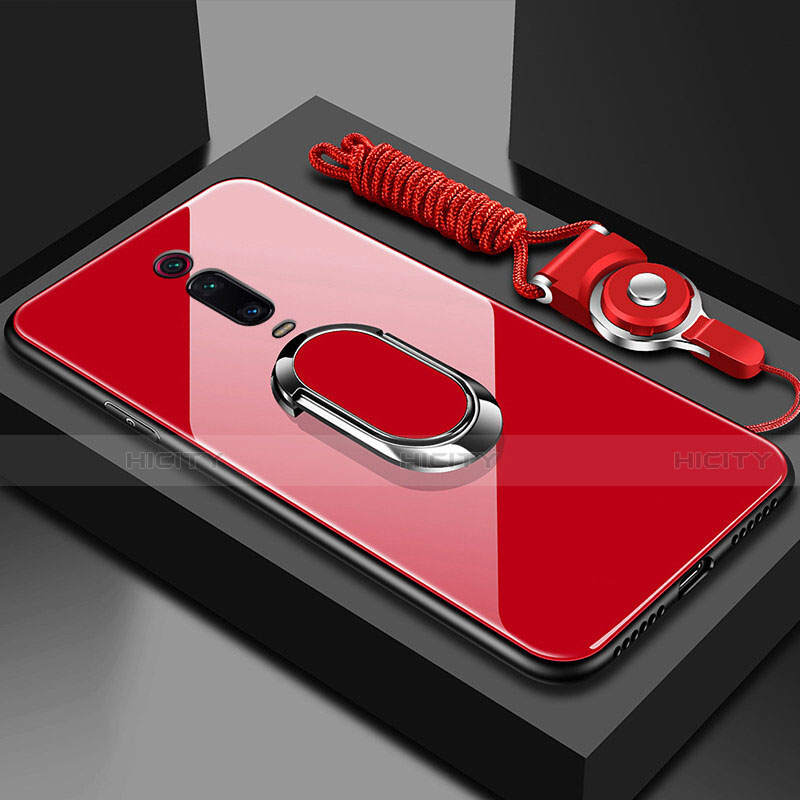 Coque Rebord Contour Silicone et Vitre Miroir Housse Etui avec Support Bague Anneau Magnetique T01 pour Xiaomi Redmi K20 Pro Rouge Plus