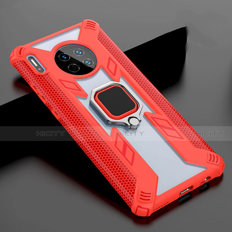 Coque Rebord Contour Silicone et Vitre Miroir Housse Etui avec Support Bague Anneau Magnetique T02 pour Huawei Mate 30 Pro Rouge Plus