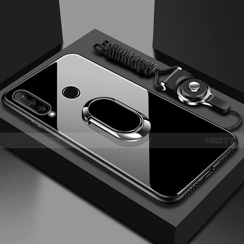Coque Rebord Contour Silicone et Vitre Miroir Housse Etui avec Support Bague Anneau Magnetique T02 pour Huawei P Smart+ Plus (2019) Noir Plus