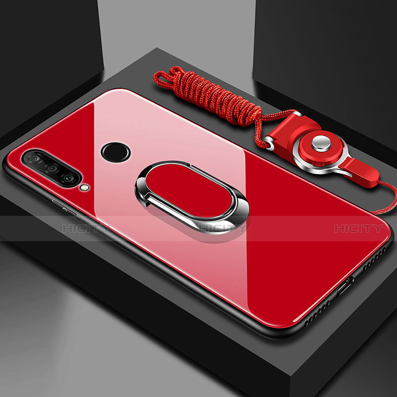 Coque Rebord Contour Silicone et Vitre Miroir Housse Etui avec Support Bague Anneau Magnetique T02 pour Huawei P Smart+ Plus (2019) Rouge Plus