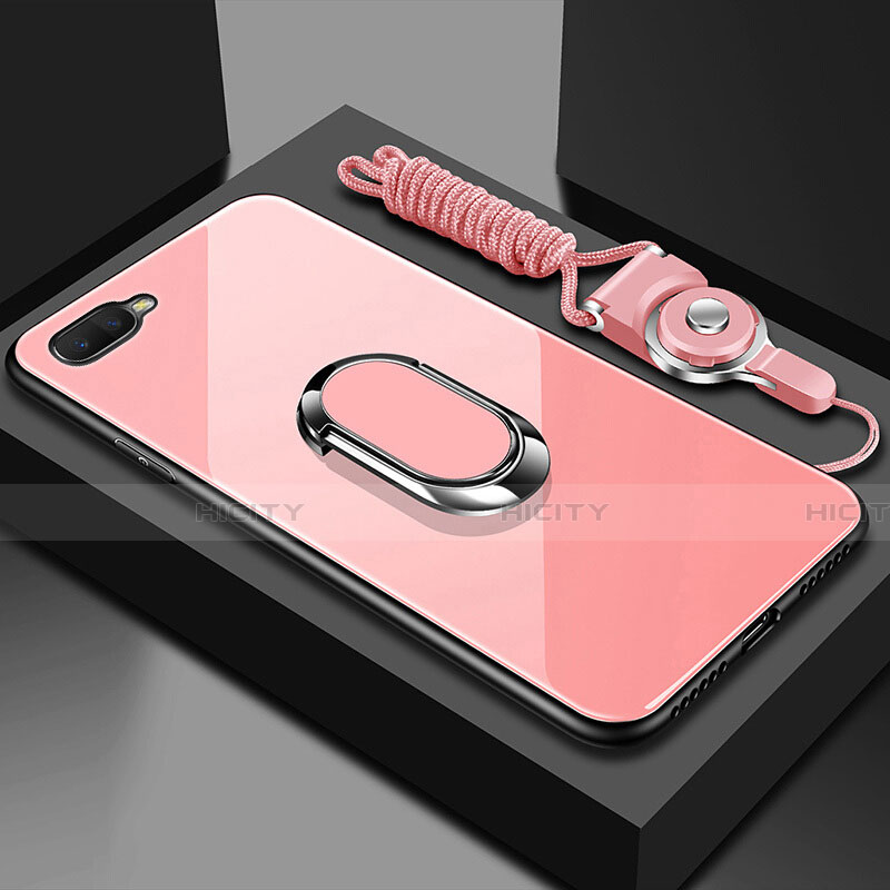 Coque Rebord Contour Silicone et Vitre Miroir Housse Etui avec Support Bague Anneau Magnetique T02 pour Oppo R15X Rose Plus