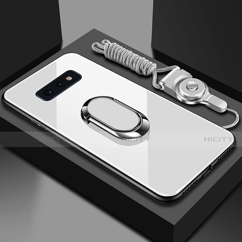 Coque Rebord Contour Silicone et Vitre Miroir Housse Etui avec Support Bague Anneau Magnetique T02 pour Samsung Galaxy S10e Blanc Plus