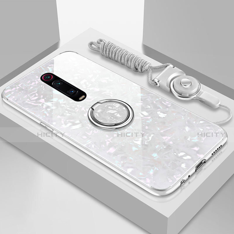 Coque Rebord Contour Silicone et Vitre Miroir Housse Etui avec Support Bague Anneau Magnetique T02 pour Xiaomi Redmi K20 Blanc Plus