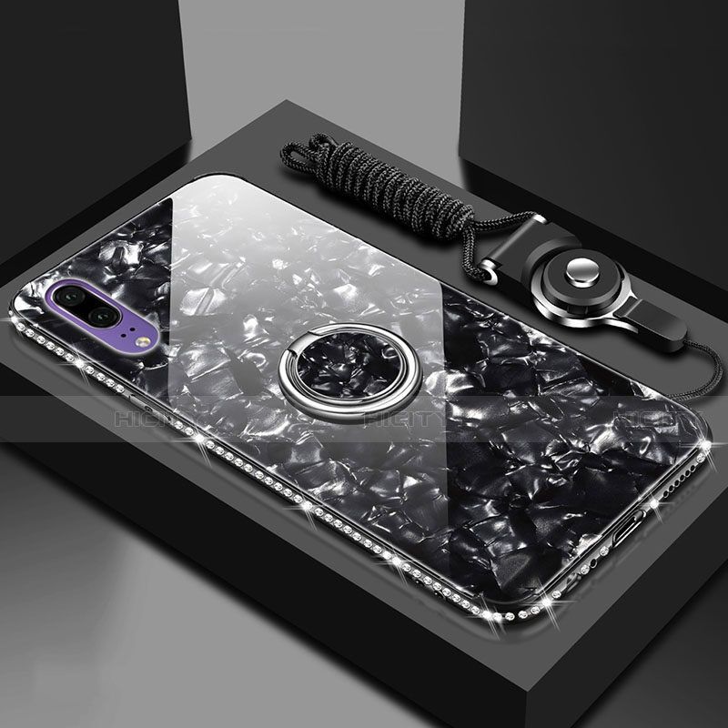 Coque Rebord Contour Silicone et Vitre Miroir Housse Etui avec Support Bague Anneau Magnetique T03 pour Huawei P20 Noir Plus