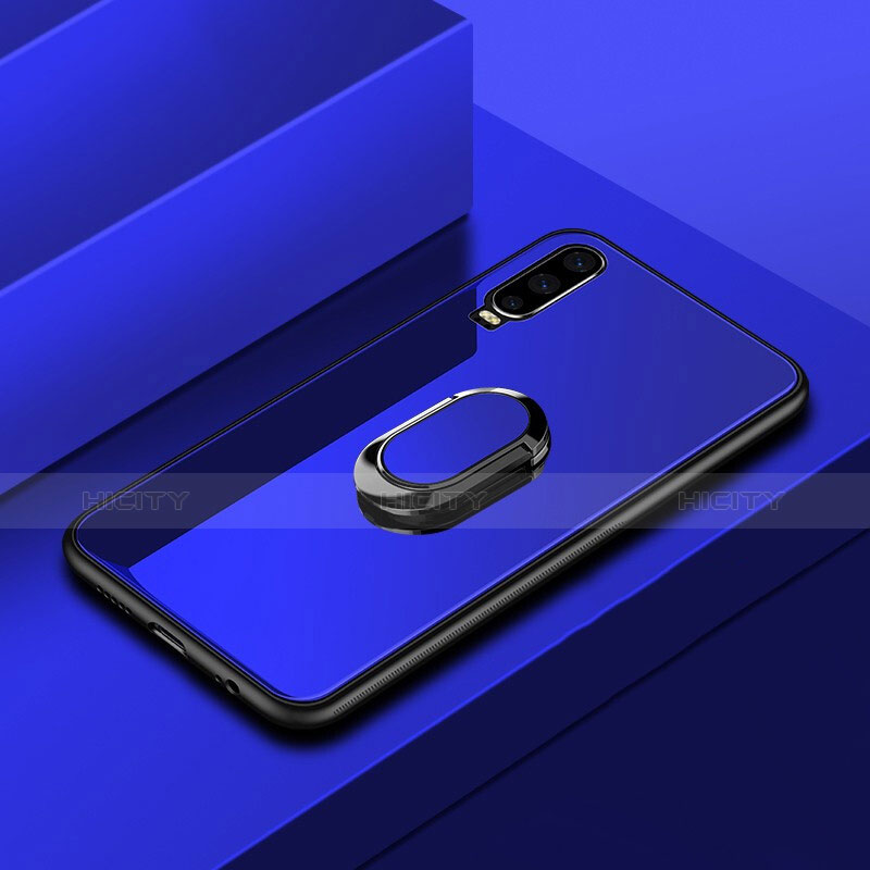 Coque Rebord Contour Silicone et Vitre Miroir Housse Etui avec Support Bague Anneau pour Huawei P30 Bleu Plus