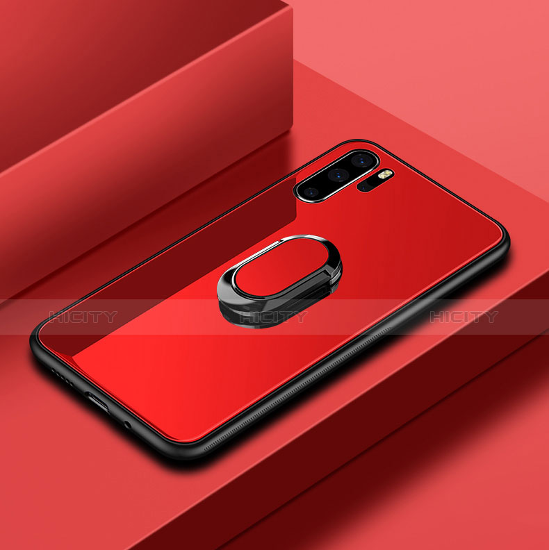 Coque Rebord Contour Silicone et Vitre Miroir Housse Etui avec Support Bague Anneau pour Huawei P30 Pro New Edition Rouge Plus