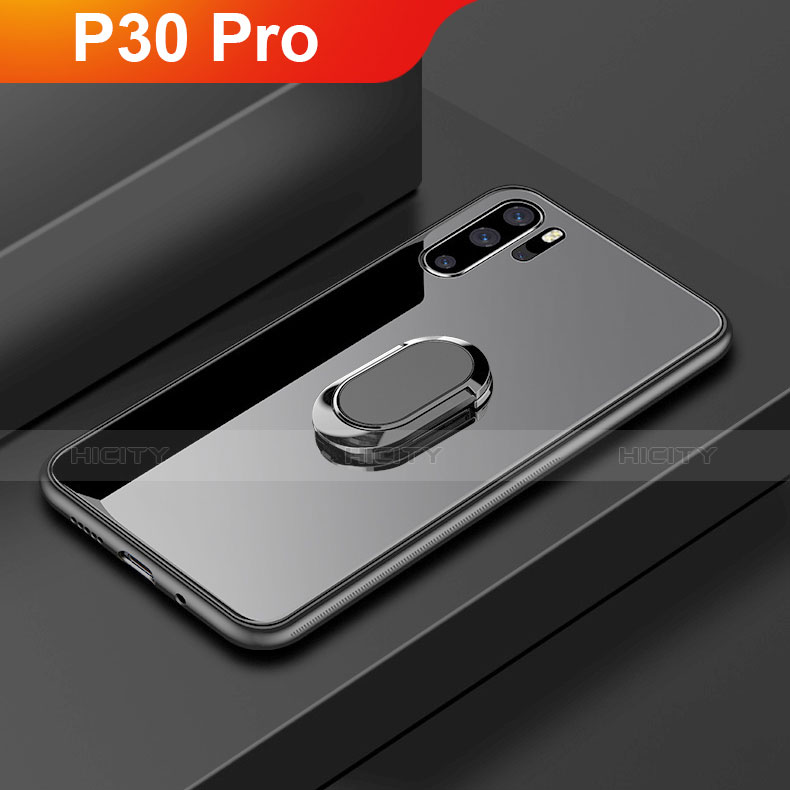 Coque Rebord Contour Silicone et Vitre Miroir Housse Etui avec Support Bague Anneau pour Huawei P30 Pro Noir Plus