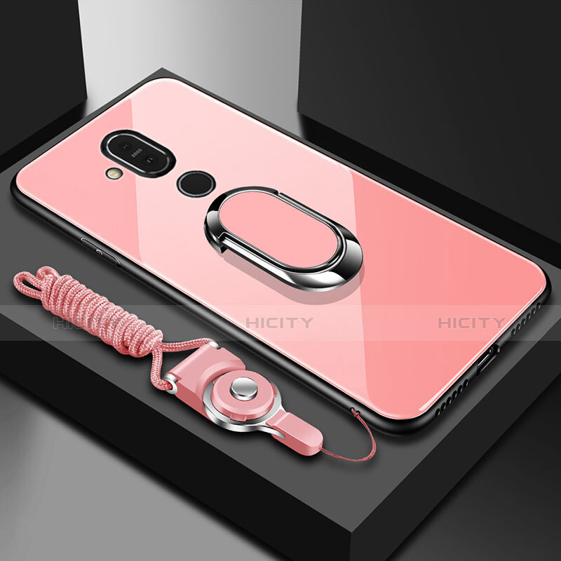 Coque Rebord Contour Silicone et Vitre Miroir Housse Etui avec Support Bague Anneau pour Nokia 7.1 Plus Or Rose Plus