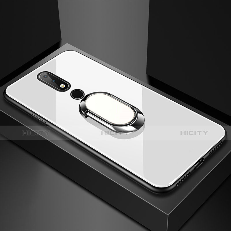 Coque Rebord Contour Silicone et Vitre Miroir Housse Etui avec Support Bague Anneau pour Nokia X6 Blanc Plus