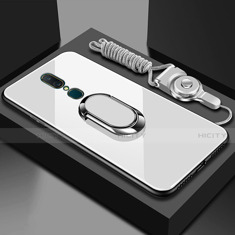 Coque Rebord Contour Silicone et Vitre Miroir Housse Etui avec Support Bague Anneau pour Oppo A9X Blanc Plus