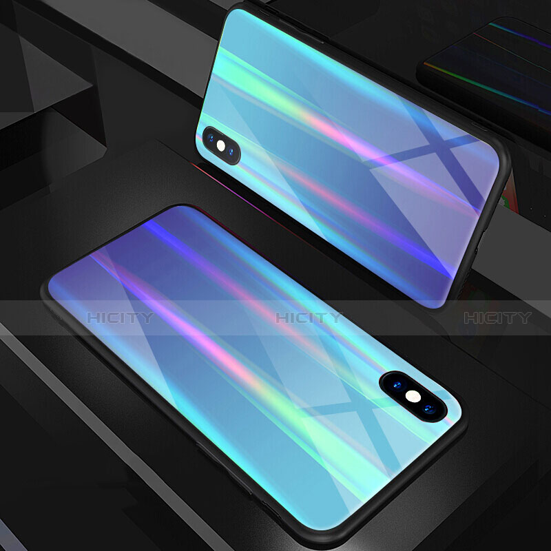 Coque Rebord Contour Silicone et Vitre Miroir Housse Etui Degrade Arc en Ciel A01 pour Apple iPhone X Bleu Plus