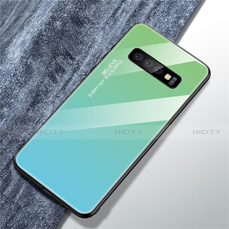 Coque Rebord Contour Silicone et Vitre Miroir Housse Etui Degrade Arc en Ciel A01 pour Samsung Galaxy S10 Plus Cyan Plus