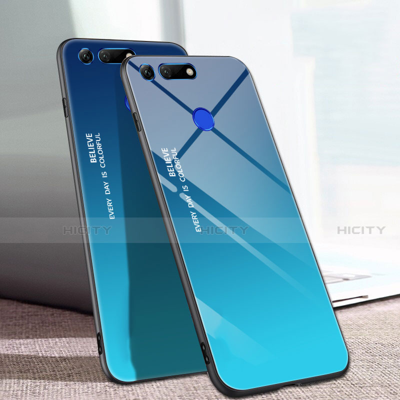 Coque Rebord Contour Silicone et Vitre Miroir Housse Etui Degrade Arc en Ciel H01 pour Huawei Honor V20 Bleu Plus