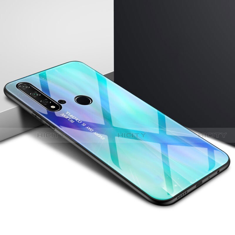 Coque Rebord Contour Silicone et Vitre Miroir Housse Etui Degrade Arc en Ciel H01 pour Huawei P20 Lite (2019) Cyan Plus