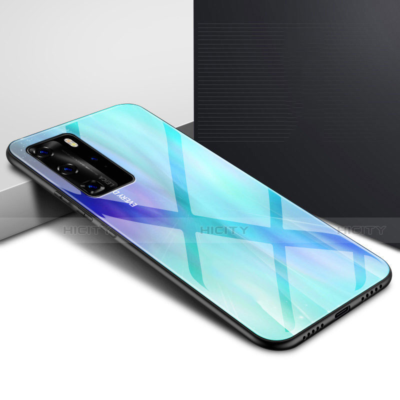 Coque Rebord Contour Silicone et Vitre Miroir Housse Etui Degrade Arc en Ciel H01 pour Huawei P40 Pro Cyan Plus