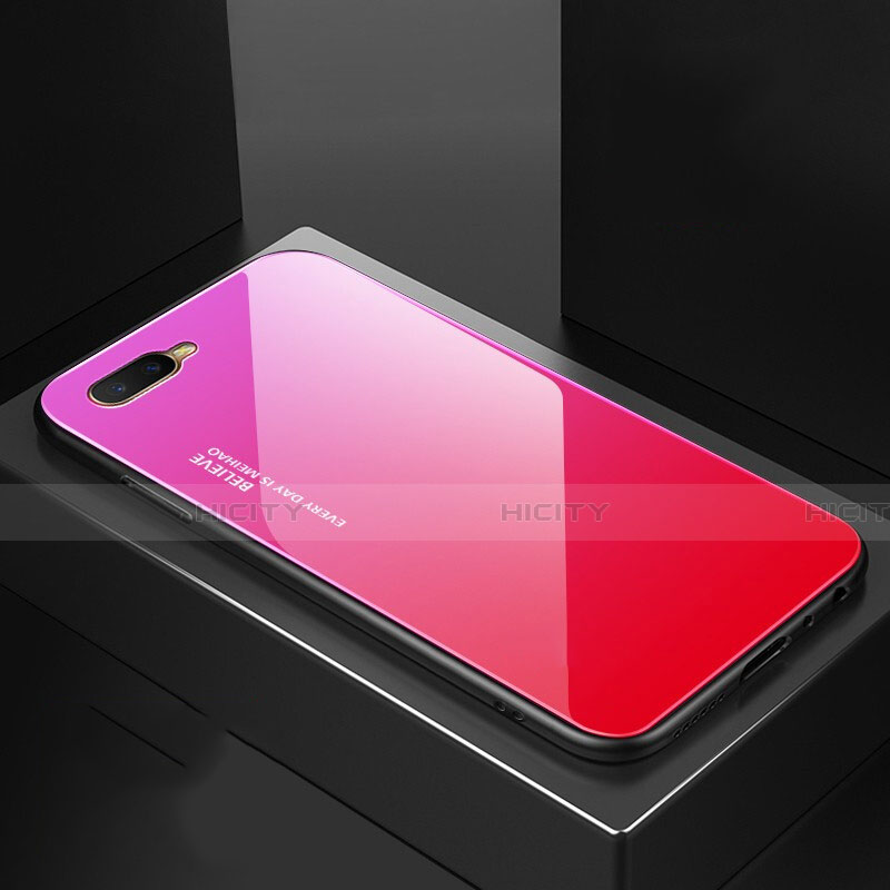 Coque Rebord Contour Silicone et Vitre Miroir Housse Etui Degrade Arc en Ciel H01 pour Oppo K1 Rose Rouge Plus