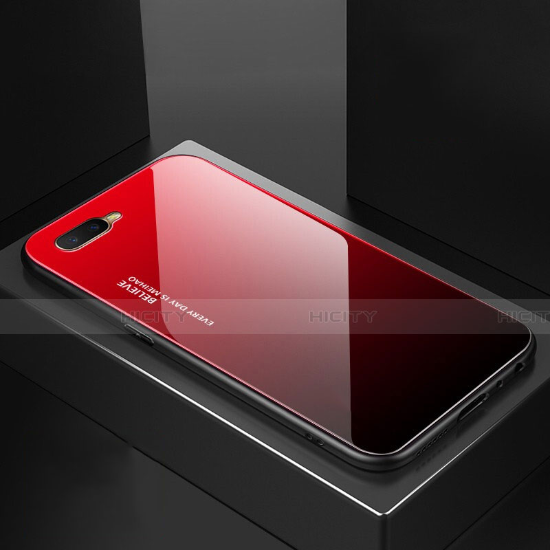 Coque Rebord Contour Silicone et Vitre Miroir Housse Etui Degrade Arc en Ciel H01 pour Oppo K1 Rouge Plus