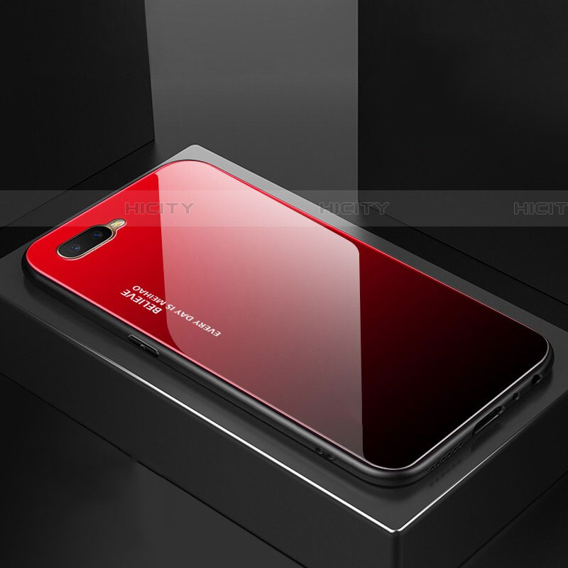 Coque Rebord Contour Silicone et Vitre Miroir Housse Etui Degrade Arc en Ciel H01 pour Oppo RX17 Neo Rouge Plus